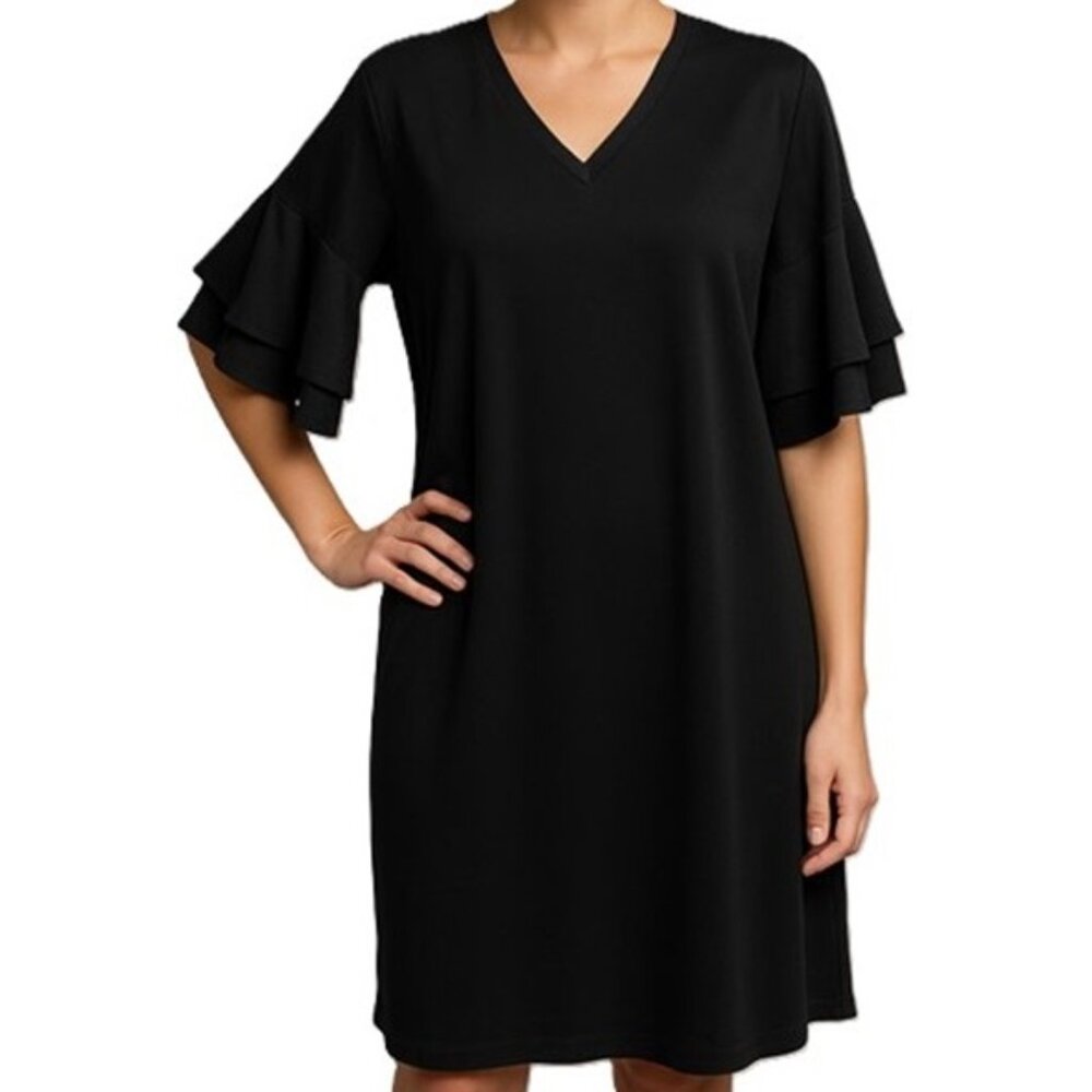 ELOQUII   BLACK SHORT RUFFLE BELL SLEEVE STRAINHT HEM CAREER SHIFT DRESS SIZE:18